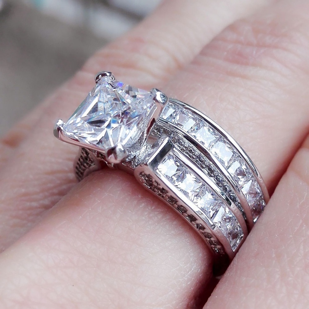 2PC 925 Sterling Silver Princess Cut Diamond Ring - Picture 6 of 6